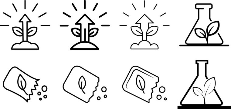 Plant growth sprout with arrow and laboratory beaker leaf vector icon set. Simple illustration of isolated line art organic fertilizer seed bags, linear contour style biochemical agriculture graphic e