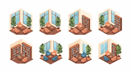 Collection of isometric interior design views of a cozy reading room with bookshelves and comfortable seating. © Syakilla
