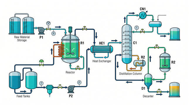 Chemical plant process flow diagram illustrating reactor, heat exchanger, distillation column, and decanter with labeled components and connections for industrial applications