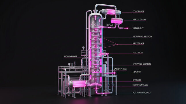 Chemical plant distillation column with labeled sections including condenser, reflux drum, and stripping section, showcasing industrial design and engineering features