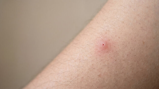 Close-up of mosquito bite skin showing detailed texture with soft natural light. This minimal composition highlights irritated skin after a mosquito bite.