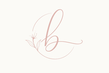 Minimalist pink cursive letter b with thin floral lines. © Indianastudio