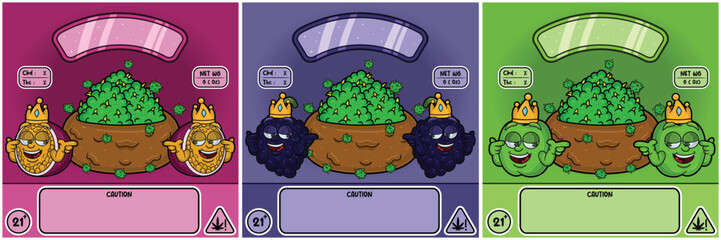 Fototapeta premium Green Apple, Grape and Passion Fruit Strain. Weedbud in cartoon style with Three Strains