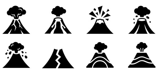 Volcano eruption and magma flow icon set for natural disaster graphics © Rani