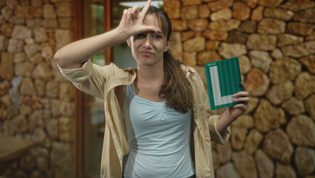 Young woman holding green learner plate at house entrance by doorway making l sign on forehead with skeptical expression; mockery.