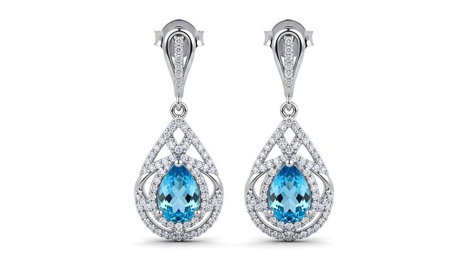 Pair of ornate blue and white enamel drop earrings.