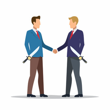 Two businessmen shaking hands with knives hidden behind their backs