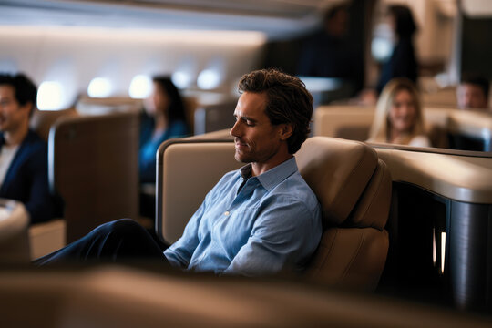A sophisticated gentleman reflects contentment while seated in a modern airplane cabin, showcasing the luxuries of air travel and personal space during a flight.