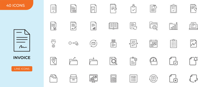 Invoice Thin Line Icons Set. Billing, Accounting and Document Management Vector Collection
