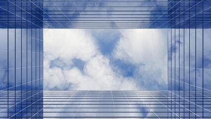 Low angle 3D render of a futuristic glass skyscraper corridor looking up at a cloudy blue sky. Great for corporate banners, finance website headers, and modern business backdrops © ilham