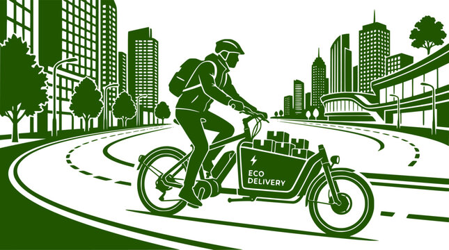 Eco Friendly Electric Cargo E Bike Delivery Rider Silhouette. Modern Sustainable Urban Transport Vector Isolated on White Background.