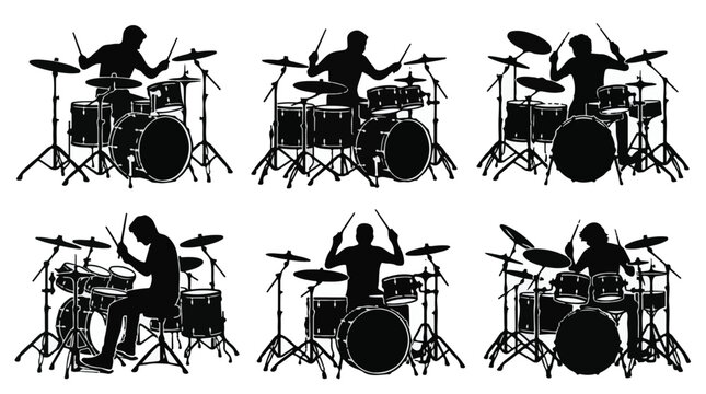 Silhouette of six drummers performing on stage with drum set in black and white vector style