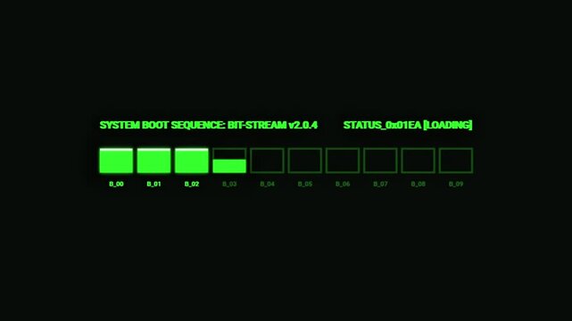 Digital system boot sequence progress bar loading animation on black screen