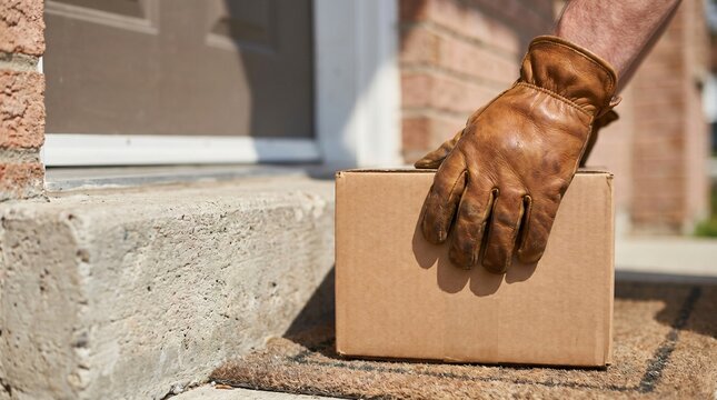 Gloved Hand Taking Delivered Package From Doorstep as Porch Piracy Crime