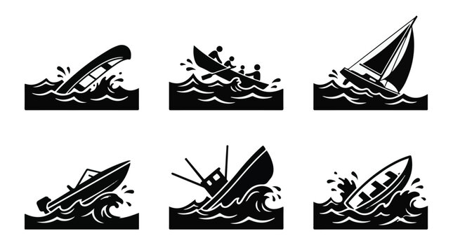 Six boat capsizing silhouettes in dramatic high contrast black and white minimalist style
