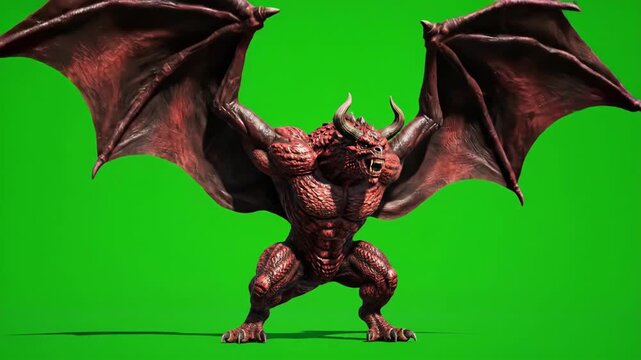 Green Screen Full-Size Muscular Fiendish Demon Creature With Large Flapping Wings Standing