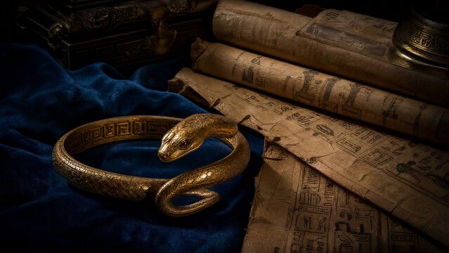 armlet. Golden serpent armlet on blue velvet with aged papyrus scrolls, historical elegance. event programs, museum guides, designed for cultural heritage projects and event programs.