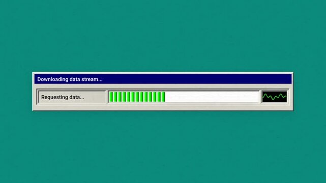 Retro computing data stream download progress bar animation vintage UI