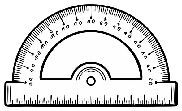 Drawing of protractor school supply for measuring geometry angles in educational learning tool, vintage protractor graphic design