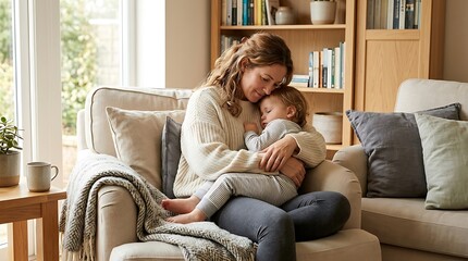 Obraz premium Cozy mother holding her sleeping child in her arms while relaxing in a comfortable armchair at home