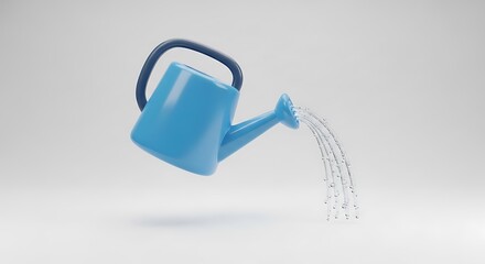 Obraz premium Blue watering can pouring water stream. simple liquid drops on white studio background.