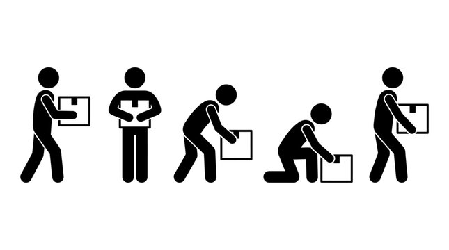 Black silhouette icons depicting people lifting and moving boxes in various postures
