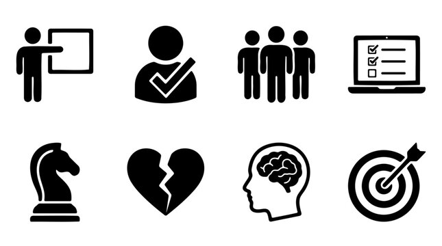 Collection of black icons on for business and psychology concepts