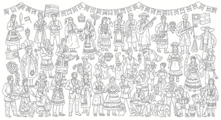 Obraz premium Crowd of people in traditional European folk costumes illustration.