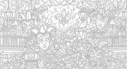 Obraz premium Detailed Mardi Gras celebration pattern with masks and beads.