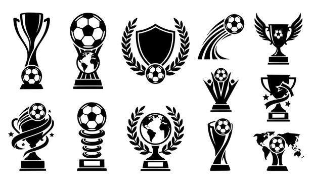 Soccer Football Championship Trophy Cup Silhouette Vector Icon Set with World Globe Awards, Winged Cups, Shield Crests, and Tournament Winner Icons