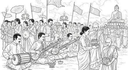 Obraz premium Buddhist religious procession with musicians and Buddha statue illustration.