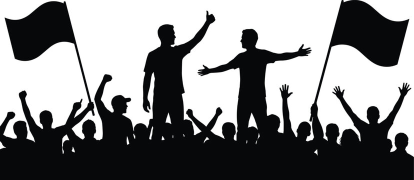 Silhouette of political leaders waving to a cheering crowd with flags, symbolizing election campaign, protest, or public rally