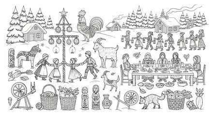 Obraz premium Scandinavian folklore festival with maypole and traditional characters illustration.