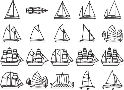 A collection of line art illustrations showcases various sailing vessels, including sailboats and traditional junks, highlighting diverse naval architecture from different eras and cultures.