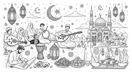 Obraz premium Ramadan night scene with mosque lanterns and people celebrating