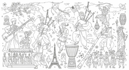 Obraz premium World cultural heritage symbols and landmarks line art illustration.