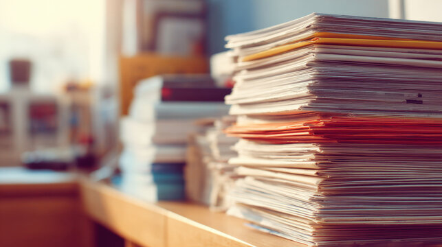 Paper stack on table office document pile newspaper stack messy paperwork cluttered desk office paper stacked sheet archive document business office workspace