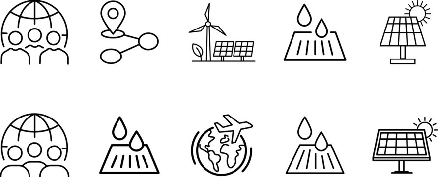 Green energy and global eco sustainability vector icon set. Simple illustration of isolated line art solar panels, wind turbine, global community, eco travel flight, and field irrigation graphics coll