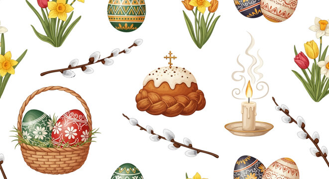Seamless Easter pattern with eggs bread and spring flowers.