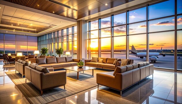 Luxury airport terminal lounge interior with comfortable leather sofas and window view of a plane on the tarmac at sunset