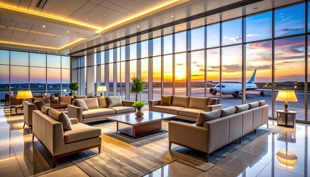Luxurious airport VIP lounge interior with comfortable sofas and large windows showing an airplane at sunset