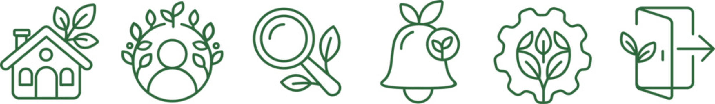 Eco Green Line Icons Set with Home User Search Bell Badge and Logout Vector Illustration