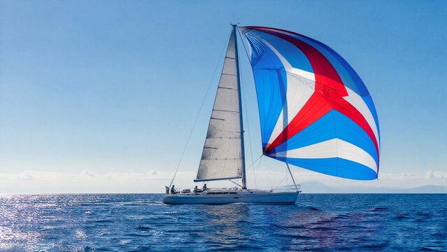 spinnaker. Sailboat with colorful spinnaker on a vast blue ocean under clear sky. mobility guides, transit brochures, designed for mobility and urban transit guides, supports logistics messaging.