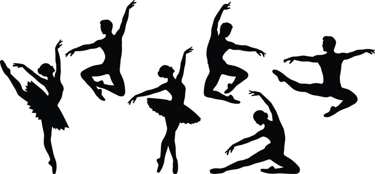 Ballet Dancer Silhouette Collection Featuring Graceful Classical Dance Poses and Performance Movements Isolated on White