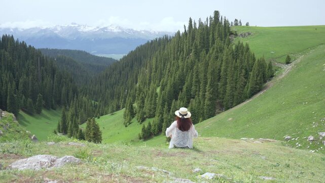 Landscape mountain valley forest meadow travel woman hat dress summer scene, back view sitting on grass facing pine slope and distant snow peak under soft open sky, moment of adventure and freedom