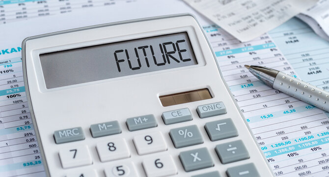 A calculator with the word Future on the display