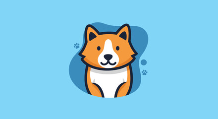 Naklejka premium Cute cartoon illustration of a corgi dog face with orange and white fur against a light blue background with small paw prints.