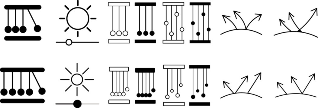 Newton cradle and light reflection physics vector icon set. Simple illustration of isolated line art kinetic motion pendulums, solar brightness sliders, and bouncing ray wave arrows graphics collectio
