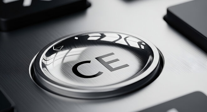 Close-up of CE mark on metal button, European compliance symbol, technology detail