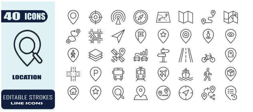 Map Location & Navigation Thin Line Icons Set &ndash; Premium GPS, Maps, Route, Travel & Navigation Monoline Vector Collection
